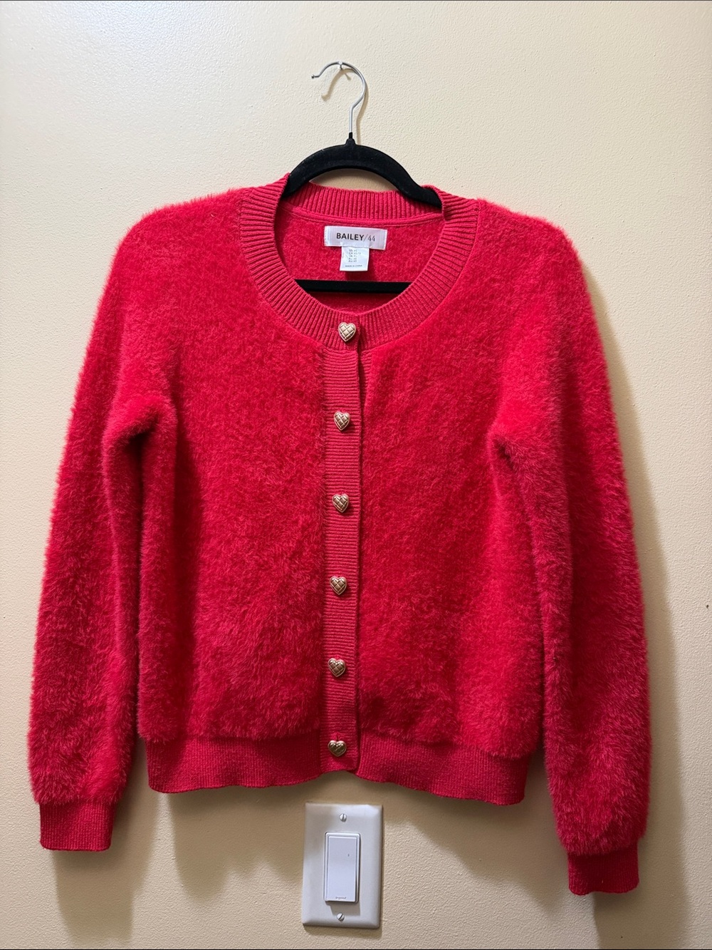 Bailey 44 Bright Red Fuzzy Heart-Button Cardigan